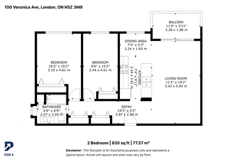 Floor plan for 2 beds, 1 bath